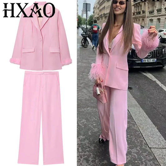 HXAO Woman Suits Blazer And Pants Feathe Long Sleeve Formal Pants Sets 2 Piece Set Office Casual Pink Suit Blazer Sets Two-Piece