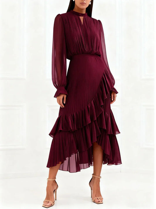 Elegant Ruffle Long Sleeve Dress for Women Chic Spring Summer Layered A Line Dress Lady Pleated Verstidos Prom Party Gowns