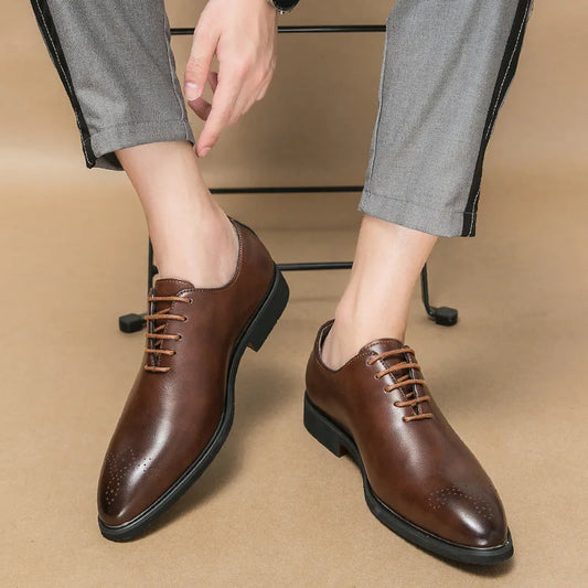 Men's Casual Leather Shoes Fashionable Simple Lace-Up Business Formal Shoes Large Size New Model Comfortable Rubber Sole
