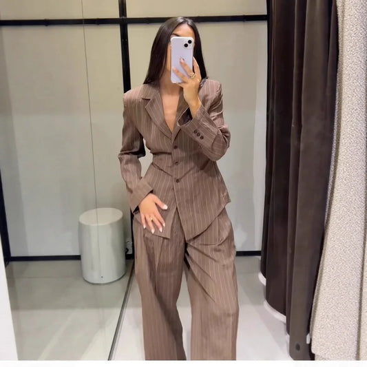 Office Lady Chic Brown Suits V Neck Striped Loose Blazer High Waist Wide Leg Pants Fashion Casual Women Suits Костюм Офисный