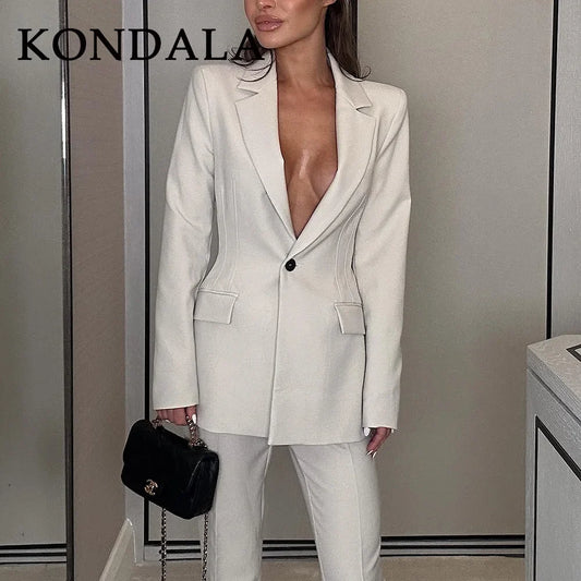 KONDALA 2026 Spring Summer Elegant Office Lady Solid Suits Fashion Slim Single Button Shrug Blazers Chic Zipper Flare Pants