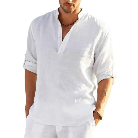 Linen Cotton Shirts for Men Lightweight  Long Sleeve Henley Streetwear Beach Breathable Shirt Hawaiian Large T Shirts for Men