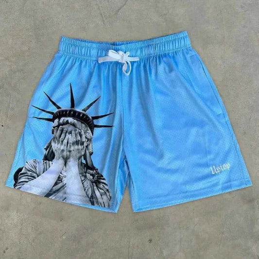 European and American men's summer Statue of Liberty print comfortable breathable drawstring shorts outdoor casual shorts