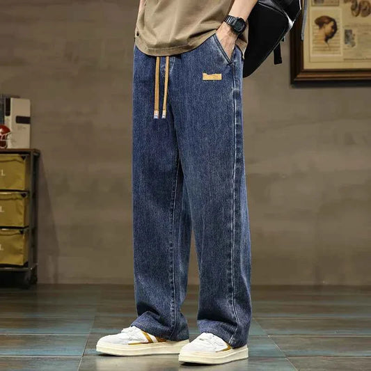 Men Straight Leg Blue Gray Loose Y2K Drawstring Jeans Streetwear Casual Wide Denim Pants Male Baggy Stylish Harajuku Trousers