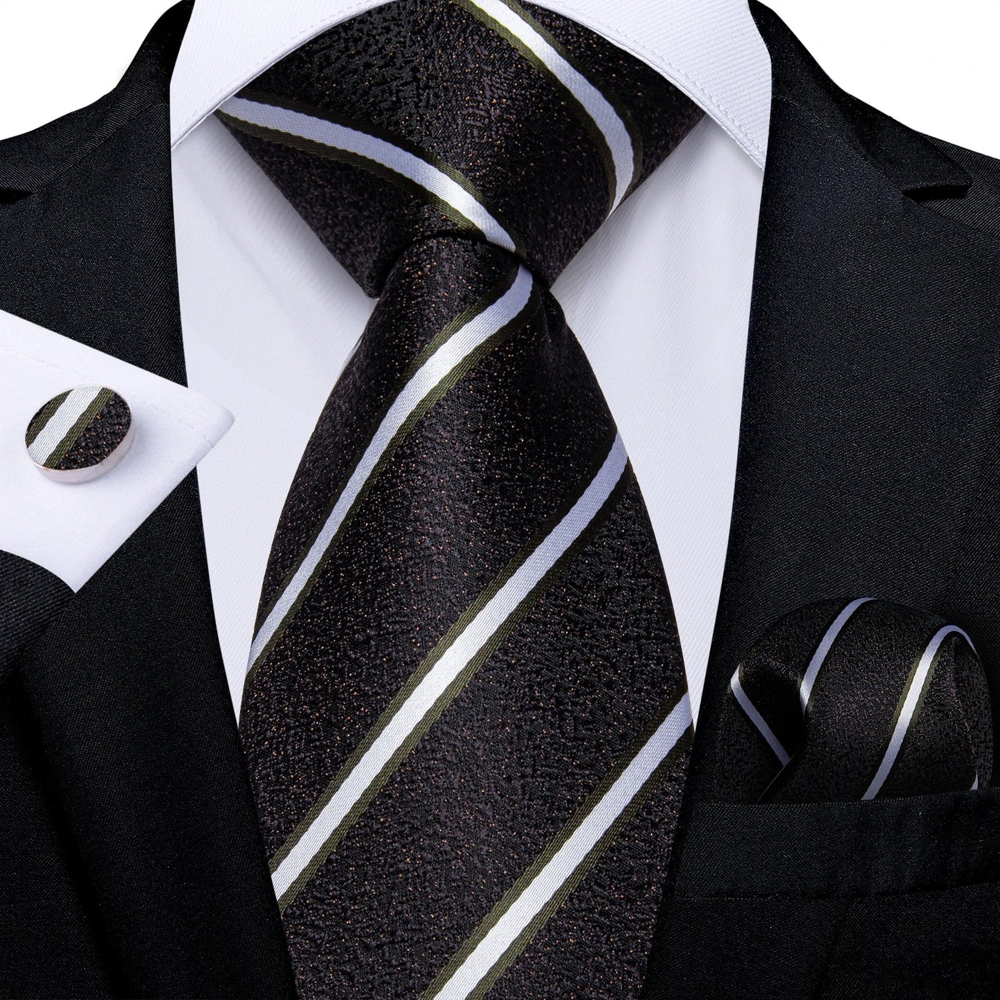 Men's Black Ties Handkerchief Cufflinks Business Formal Floral Striped Solid 8cm Necktie Gift for Husband Wedding Accessories