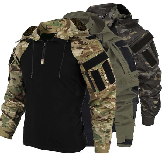 Men's Tactical Camo Hooded Combat Shirt – Long Sleeve, Quick-Dry, Sizes S–XXXL