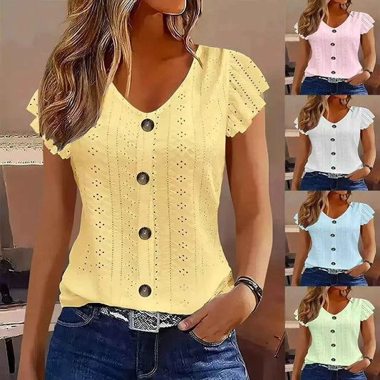 Women's Ruffle Sleeve V-Neck T-Shirt – Casual Commute Blouse