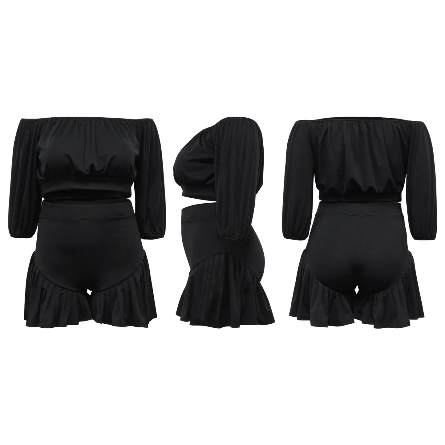 CM.YAYA Plus Size Women's Set Long Sleeve Slash Neck T-Shirt and Shorts 2025 Summer Ruched Two 2 Piece Set Outfits Tracksuit