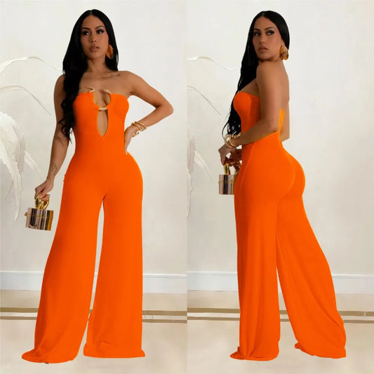 Summer Sexy Backless Women's Jumpsuit Fashionable Slim Fit Elegant Package hip Wide Leg Long Pants Female Party Jumpsuit 2025