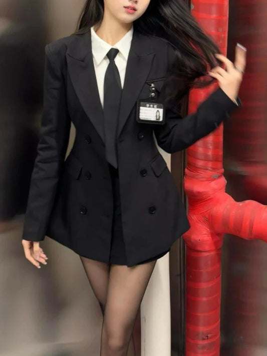 Korean Style Elegant Women 3 Piece Set Slim Blazer Coat + Design Blouse + Mini Skirt Y2k Harajuku Retro New Fashion Outfits 2025