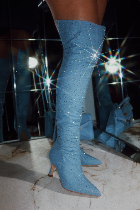 Shine Bright Embellished Over The Knee Heel Boots - Denim