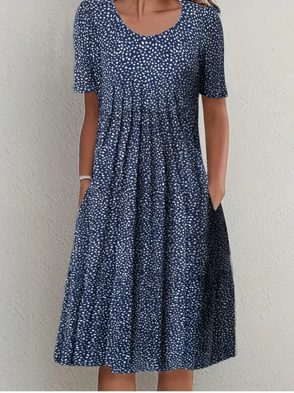 2024 New Spring And Summer Women's Elegant Large Skirt Round Neck Printed Short-sleeved Dress