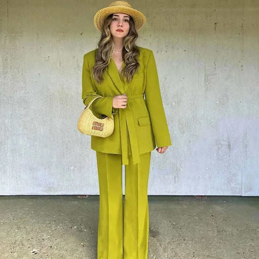 KONDALA 2025 Fall Winter Elegant Green Office Lady Suits Fashion Sashes Shrug Single Breasted Straight Blazers Chic Flare Pants