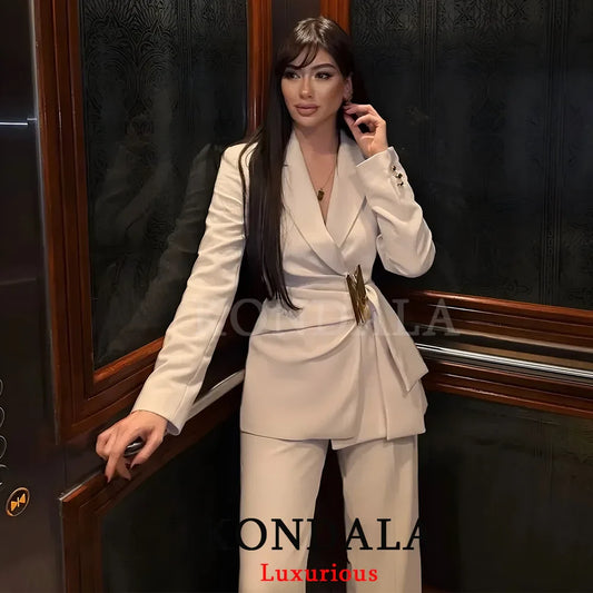 KONDALA Office Lady Chic White Women Blazer Suit Solid Long Sleeve Blazer Long Zipper Pants Fashion 2026 Spring Summer Suit