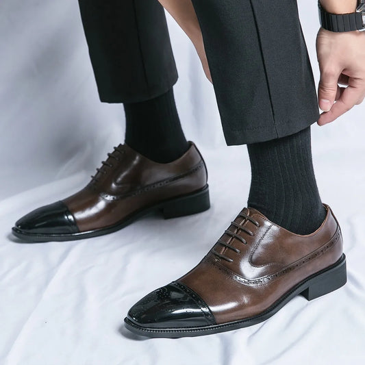 Casual Fashionable Men's Leather Shoes Trendy Business Formal Shoes Breathable Low Top Lace-Up Slip-On round Toe Rubber Sole