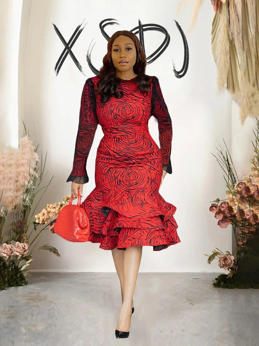 Long Sleeve Midi Dress Woman Ruffled Around Sexy Tight Dress with Lace Sleeves Elegant Party Girl Dress Dropshipping Wholesale