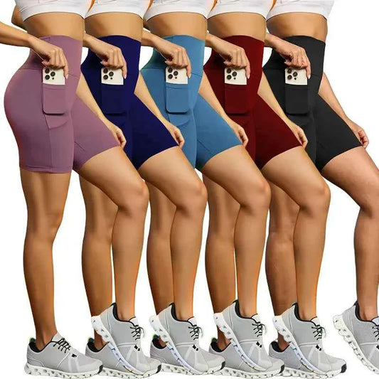 Women Pocket Sports Shorts Big Size Yoga Leggings Outdoor Wearing High Elastic Skinny Shorts Running Cycling Three Point Shorts