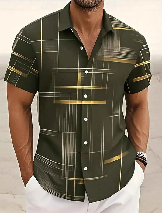 Summer Men's Geometric Grid  Plaid Shirts Short Sleeve Turndown Hawaiian Shirt Button Up Shirts No Pockets Shirts