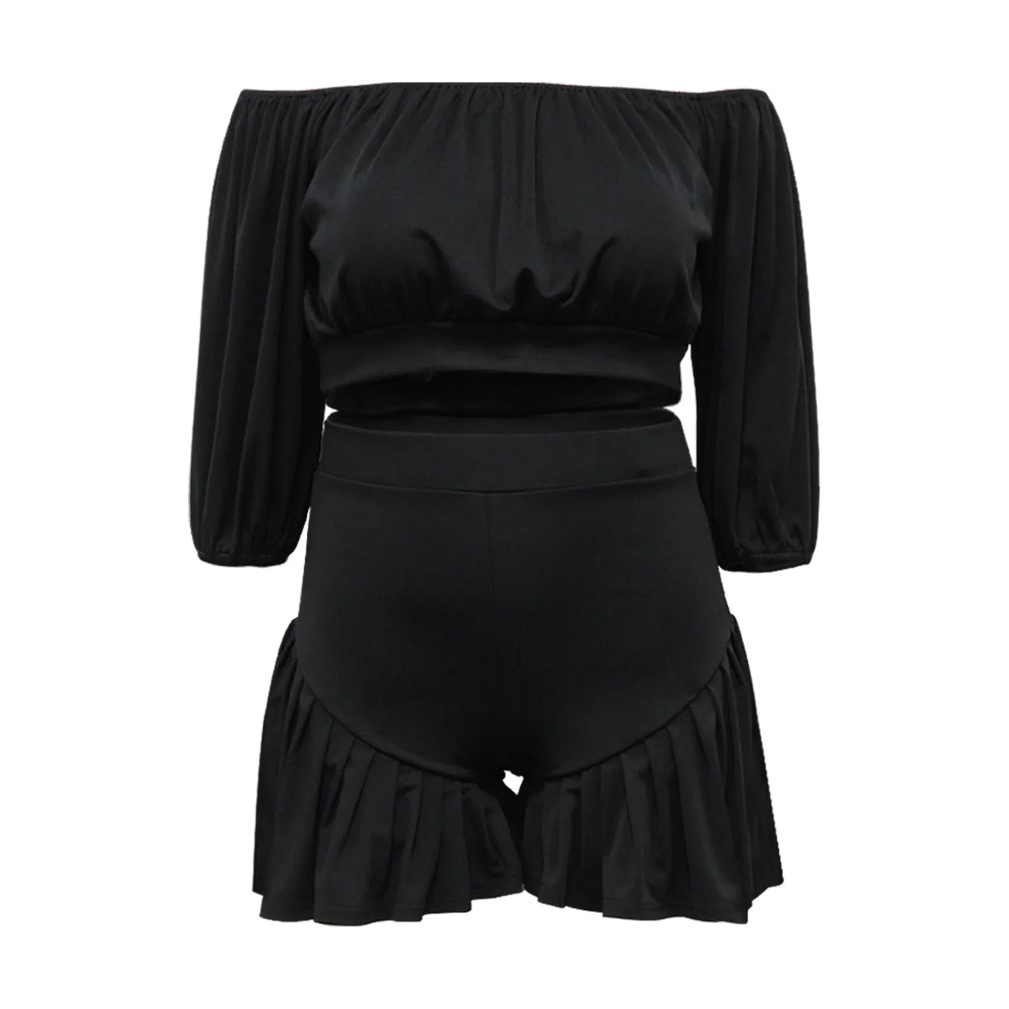 CM.YAYA Plus Size Women's Set Long Sleeve Slash Neck T-Shirt and Shorts 2025 Summer Ruched Two 2 Piece Set Outfits Tracksuit