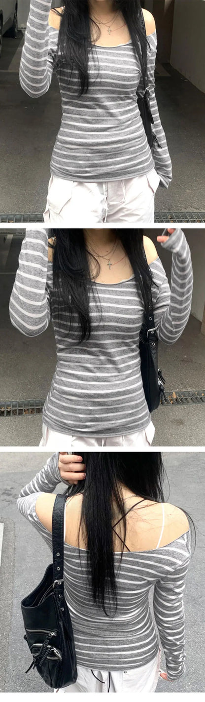 Spring Fall Women's New Japanese Basic Models Slim Long-Sleeved Striped t-Shirt Strapless Korean Street Style y2k Thin Tops