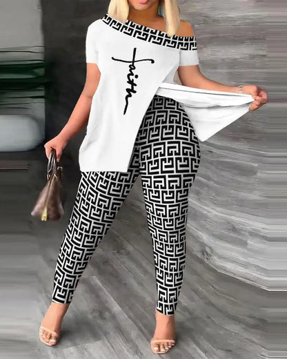 Elegant Women Two Piece Set Suits New Fashion Printed Ruffle Sleeve Top Solid Color Pants Set With Belt Blouses Female Clothing