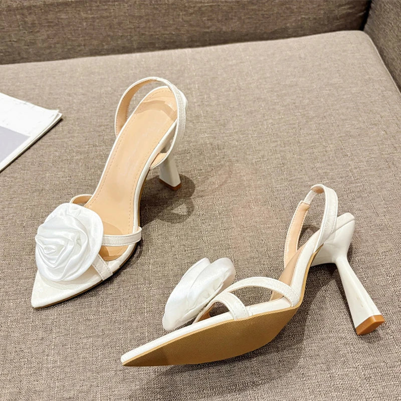 Liyke Summer Fashion Silk Rose Flowers Pointed Open Toe Back Strap Sandals Women Red High Heels Wedding Prom Shoes Zapatos Mujer