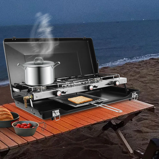 3-Burner Portable Camping Stove – 4.5kW, Piezo Ignition, Propane/Butane, No Assembly