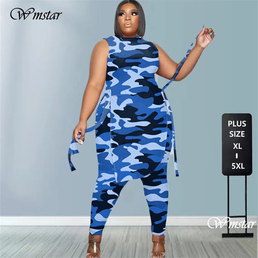 Camouflage Plus Size Women Clothing Two Piece Outfits Sleeveless Round Neck Bandage Crop Tops Pants Sets Wholesale Drop Shipping