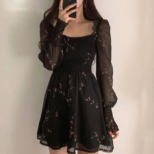 Spring Womens Sexy Black Dress Vintage Flower Long Puff Sleeve Chiffon Dresses Korean Casual Mini Vestidos Mujer Clothes 13676