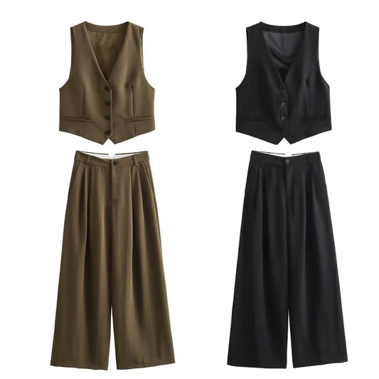 Autumn/Winter New Women's Wear New Fashion Style Slim Fit Short Tank Top Vest Wide Leg Pants Set