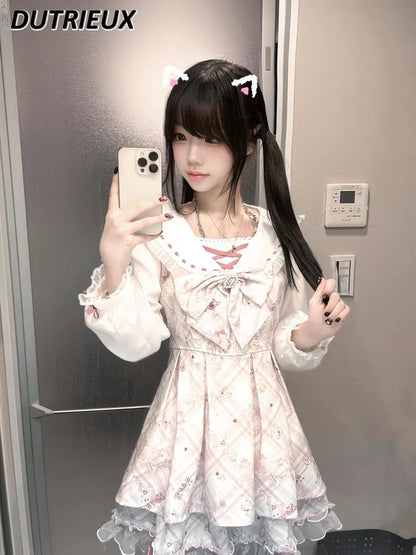 Spring Summer Pink Cute Casual Long Sleece Dresses for Women Bow Printed Bear Navy Collar Princess Dress Waist Pleated