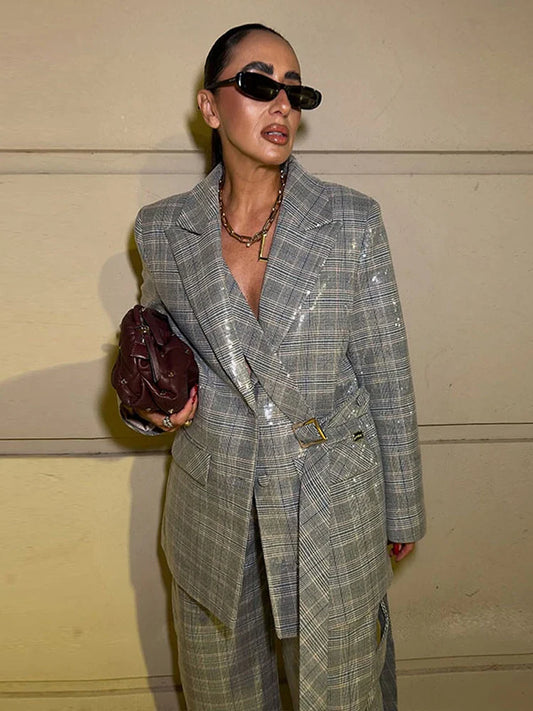 Sequin Women Striped Blazer Long Sleeve Belt Single Breasted Coat Fashion Wide Leg Trouser Outfit Female Office Clothing 2026