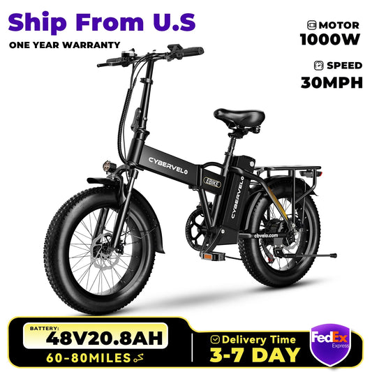 1000W Folding Electric Bike – 48V 20.8AH, 30+MPH, 80+ Miles, 20" Fat Tire, 7-Speed
