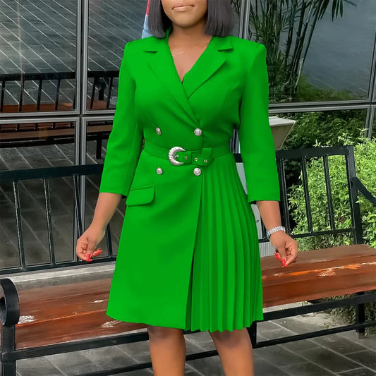Elegant Dresses for Woman 2024 Autumn Winter New Trends Notched Collar Full Sleeve Sashes Pleated Mid Calf Solid Fashion Dress