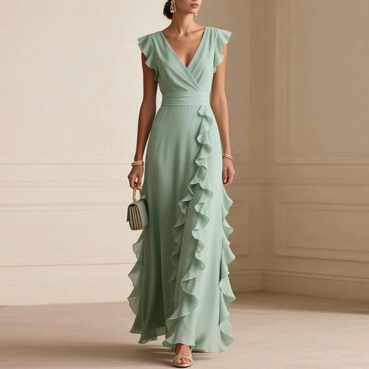 2026 Summer Fashion Ruffles Gowns Party Dress Women Sexy V-neck Solid Color A-Line Dress Elegant Hight Waist Slim Fit Long Dress