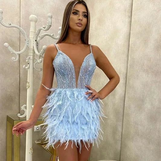 Elegant Blue Short Feather Dress Sexy Ladies Banquet Evening Dress Bodycon Bandage Streetwear Party Elegant Autumn Winter Club