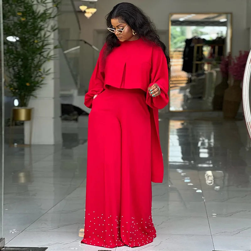 CM.YAYA Women's Set Long Sleeve High Low Maxi Blouse and Pearl Beading Wide Leg Pants 2025 Two 2 Piece Sets Outfits Tracksuit