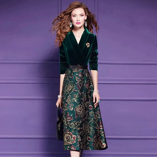 Spring Autumn Dress High End Women's Elegant Dresses Female Jacquard Gold Velvet Korean Slim Evening Party Female Maxi Vestidos