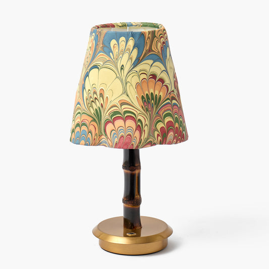 Short Burnt Bamboo Rechargeable Lamp with Multi Marble Shade (18cm)