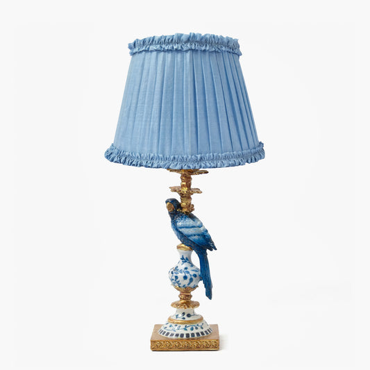 Blue Parrot Lamp with Soft Blue Frilled Silk Shade (30cm)