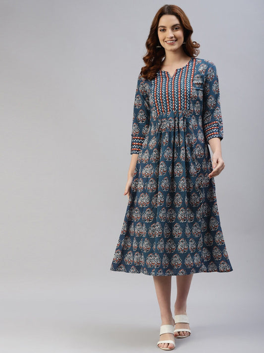 Blue Ethnic Motifs Ethnic A-Line Midi Dress