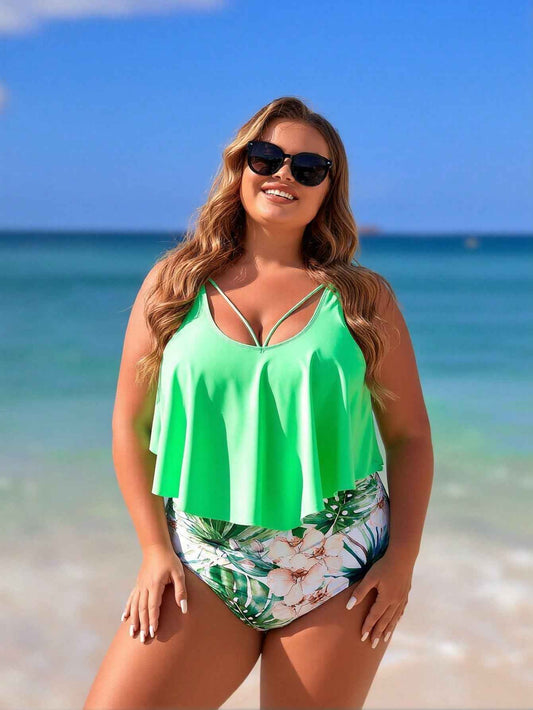 Women's Plus Size Ruffled Botanical Print High-Waist Bikini Set