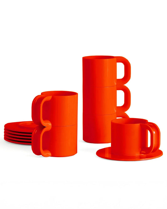 Max Dinnerware Red Orange Mugs + Saucers - Set of 6
