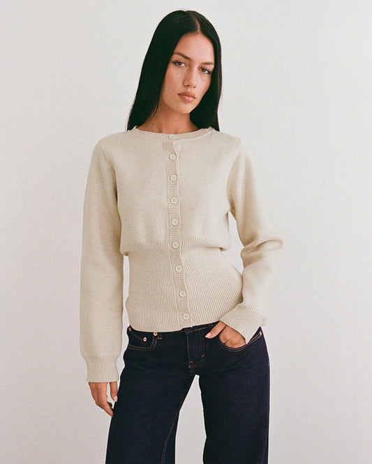 Subra Long Sleeve Ribbed Hem Cardigan - Ivory