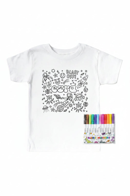 Colorable Blast Off Personalized Kids Graphic Tee | White