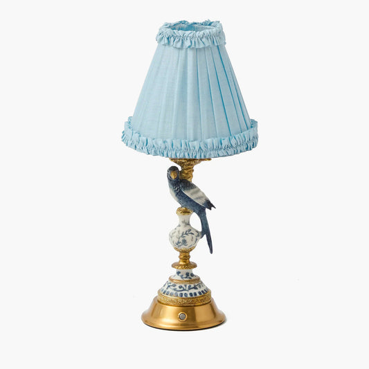 Blue Parrot Rechargeable Lamp with Soft Blue Silk Frilled Shade (18cm)