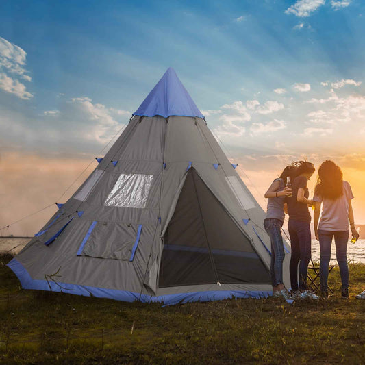 6–7 Person Teepee Camping Tent – 12ft Waterproof 3-Season Tent with 8 Mesh Windows