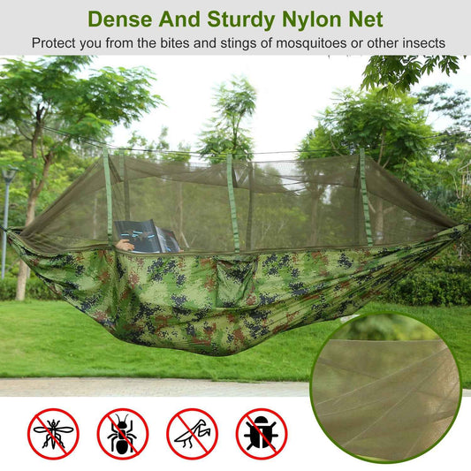 Double Camping Hammock with Mosquito Net – 600 lb Capacity, 210T Parachute Nylon with Straps & Carabiners