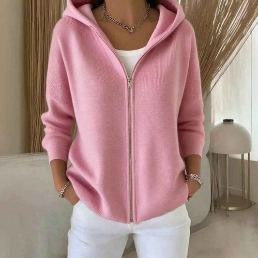Women's Zip-Up Knitted Hooded Cardigan – Cozy Casual Sweater