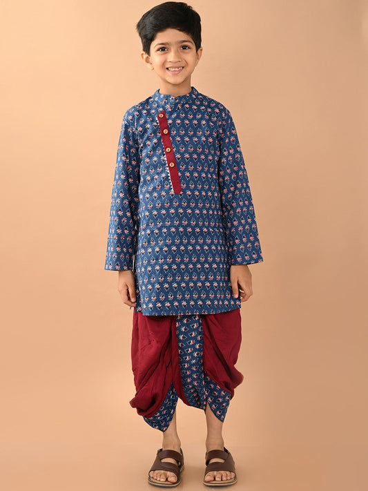 Boys Ethnic Motifs Printed Pure Cotton Kurta With Dhoti Pants